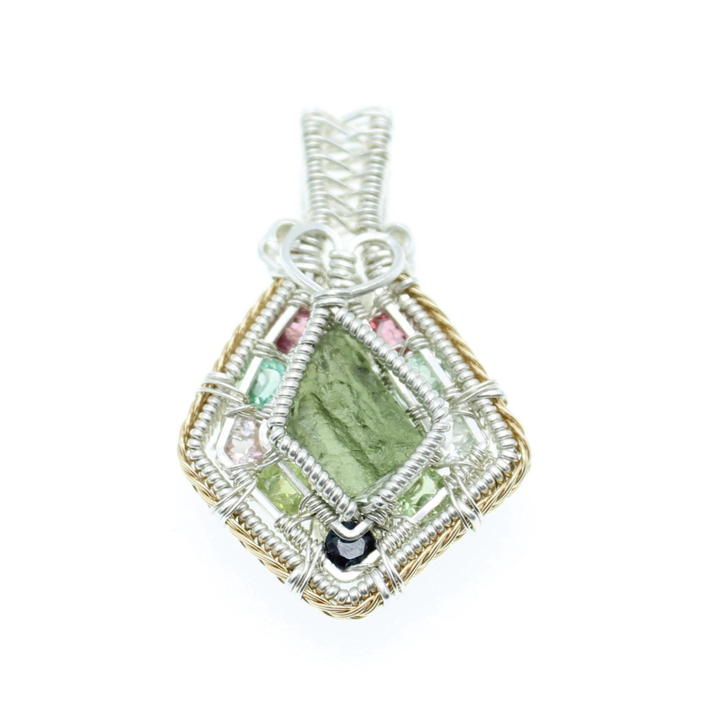 Handmade Moldavite & Tourmaline Pendant – Sterling Silver Crystal Necklace - Picture 2 of 10